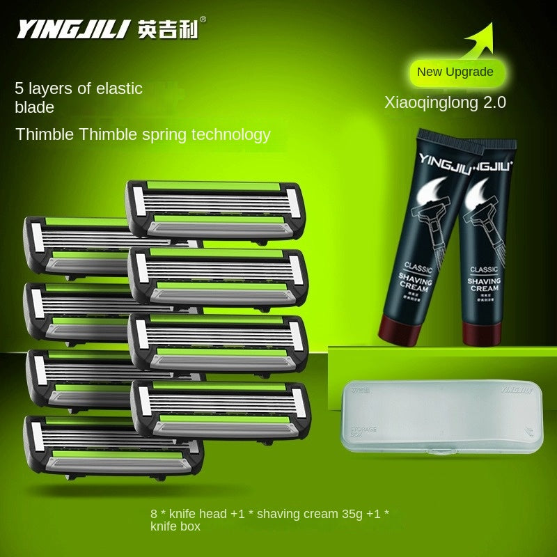 English manual safety razor for men with 5-blade system, classic non-electric shaving set with foam and shaving cream