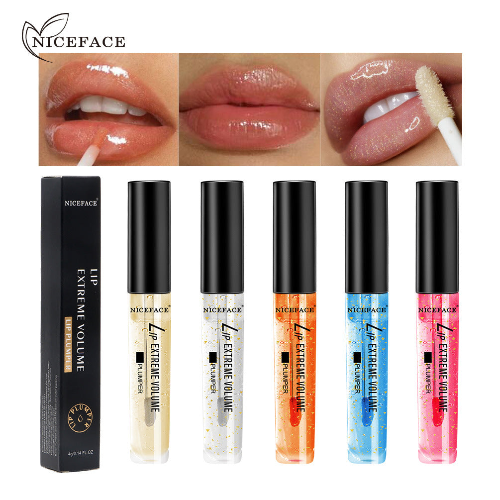NICEFACE שמן שפתיים מועשר בפתיתי זהב, מעניק לחות, מטשטש קמטוטים ומעניק מראה שפתיים יפהפה.