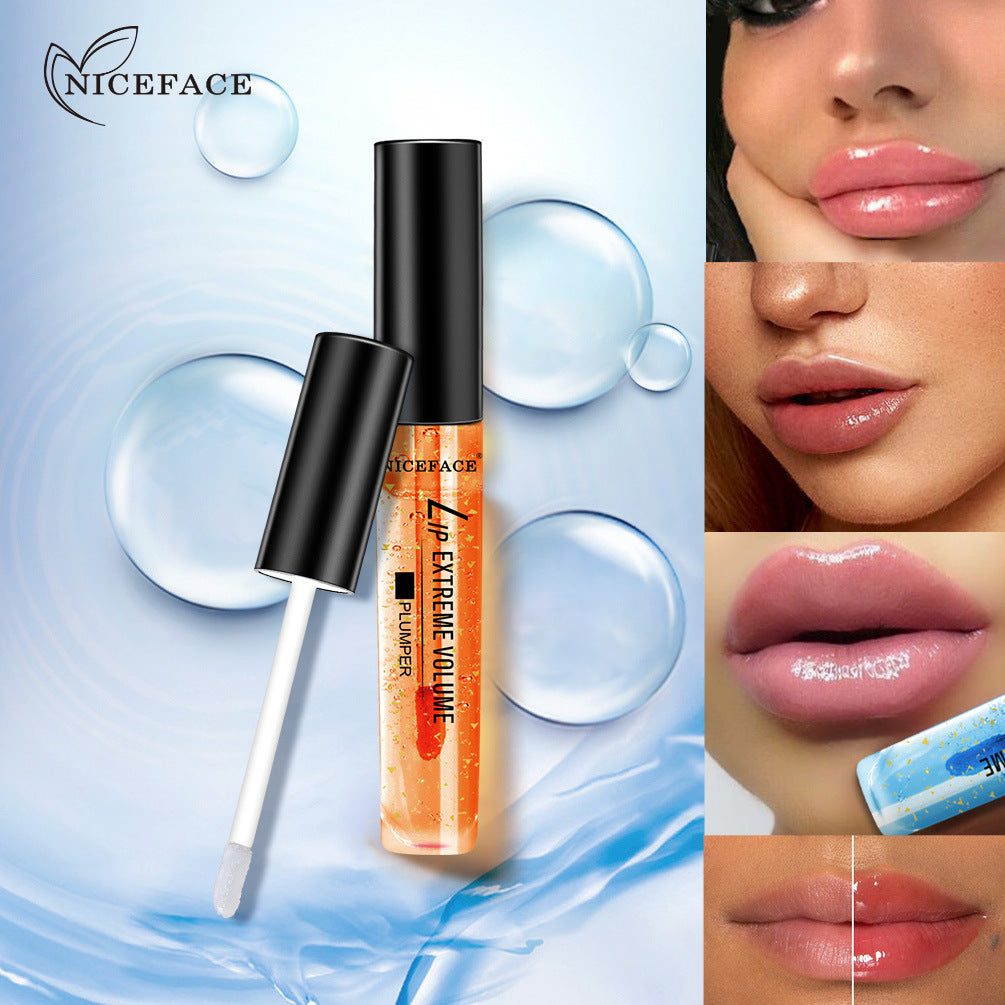 NICEFACE שמן שפתיים מועשר בפתיתי זהב, מעניק לחות, מטשטש קמטוטים ומעניק מראה שפתיים יפהפה.