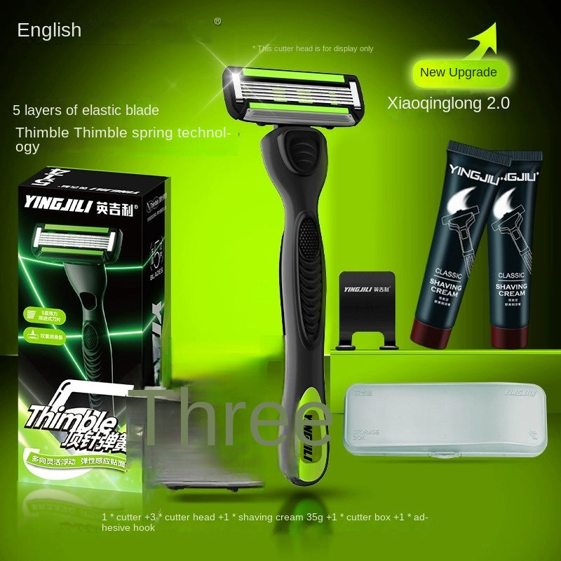 English manual safety razor for men with 5-blade system, classic non-electric shaving set with foam and shaving cream